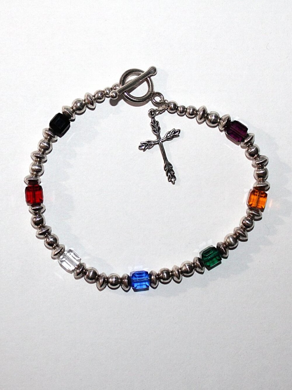 Sterling Silver Beaded Cross Bracelet 9 Inches